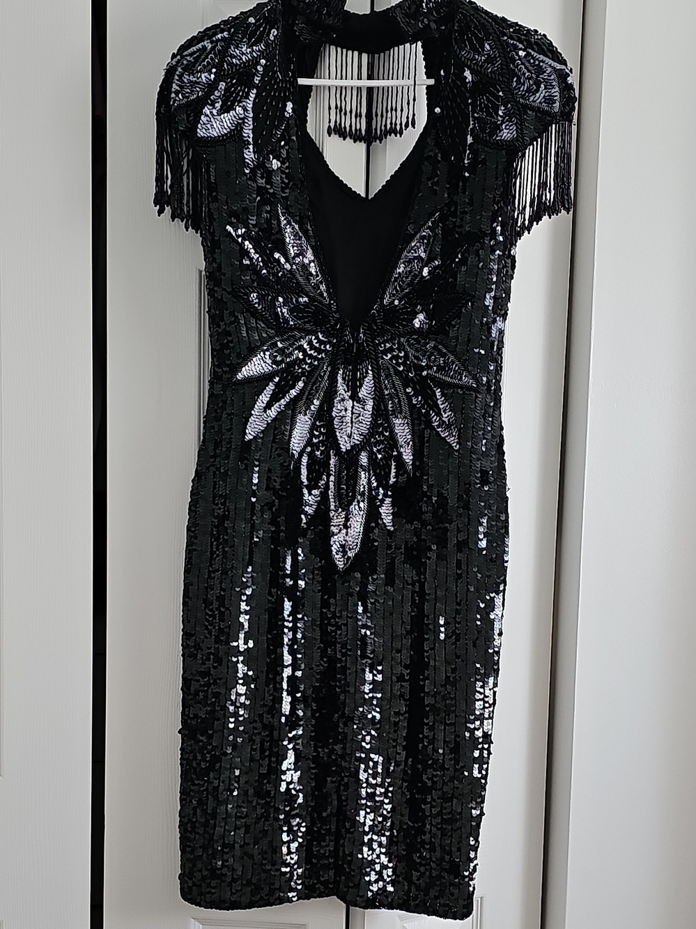 Nite Black Sequin Midi Dress with Fringe and Leaf Appliqué, 6